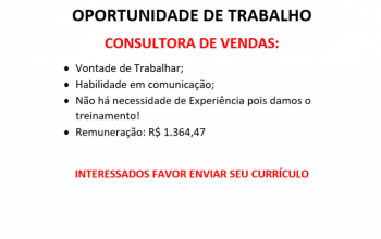 CONTRATANDO CONSULTORA DE VENDAS – NÃO EXIGIMOS EXPERIÊNCIA