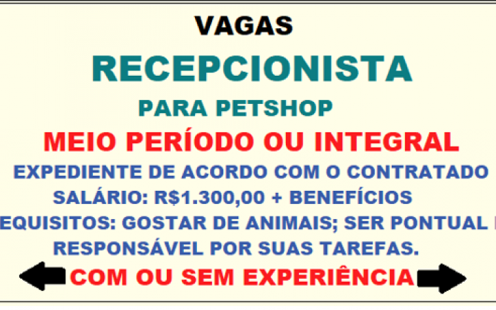 Vaga Recepcionista para Pet Shop