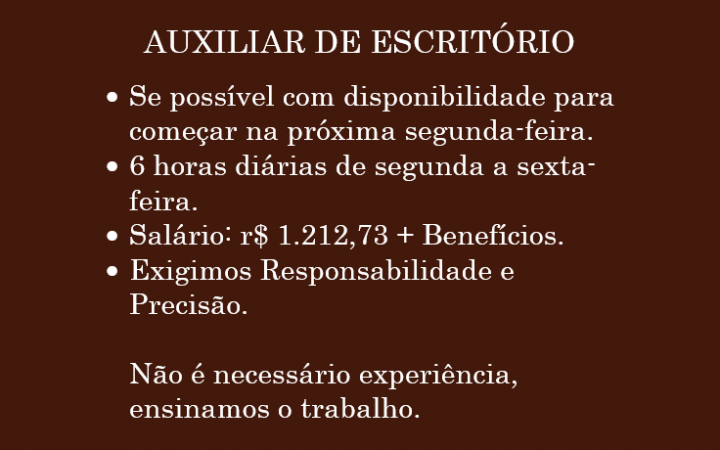 Oportunidade Profissional: Vaga para auxiliar de escritório, Ensino Médio Completo.